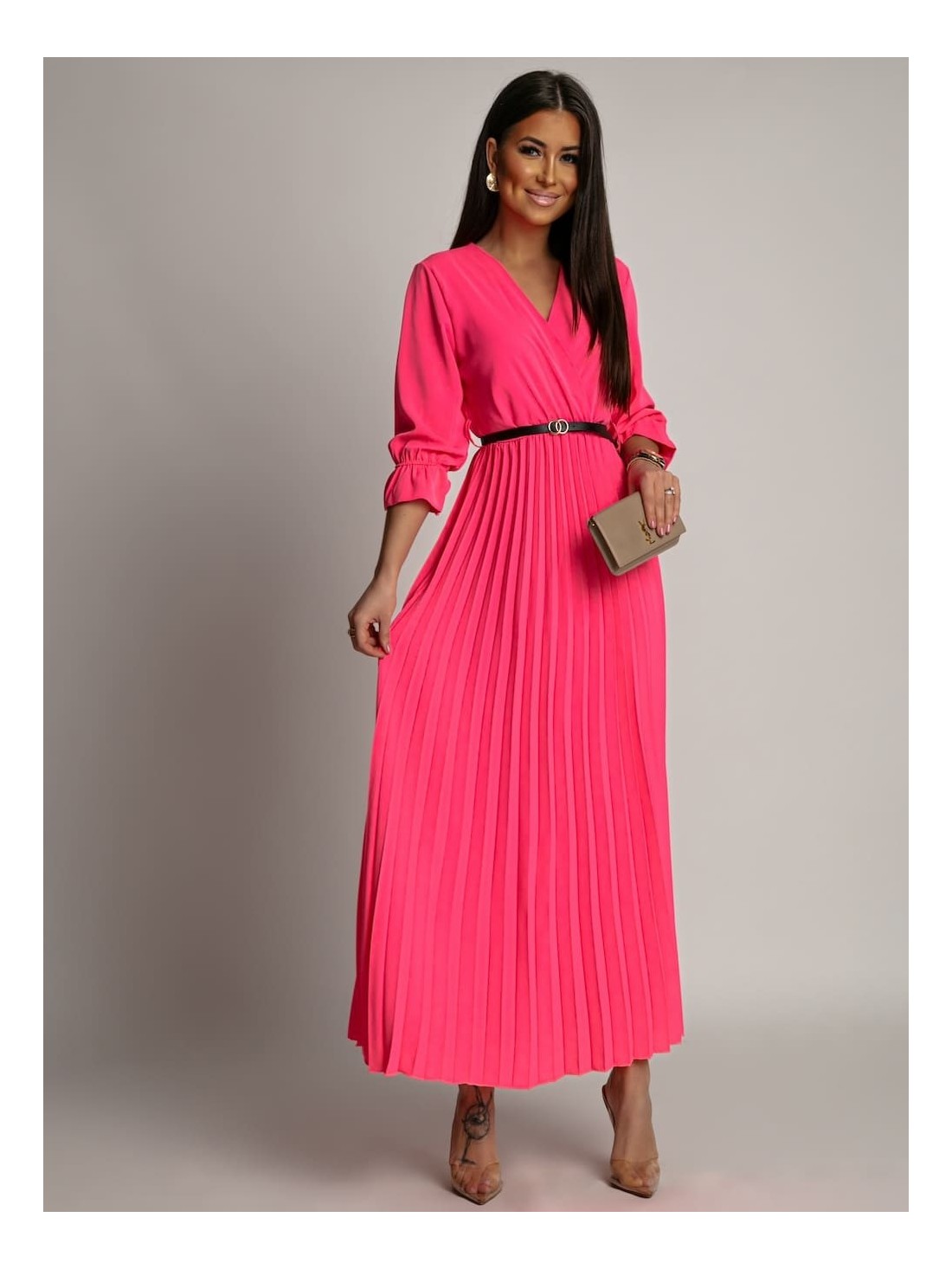 Elegant pleated maxi dress with a belt, neon pink 17160